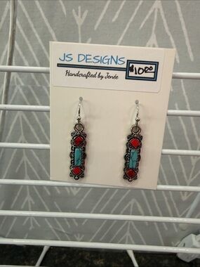 JS Designs Turquoise and Coral Red Filigree Drop Earrings